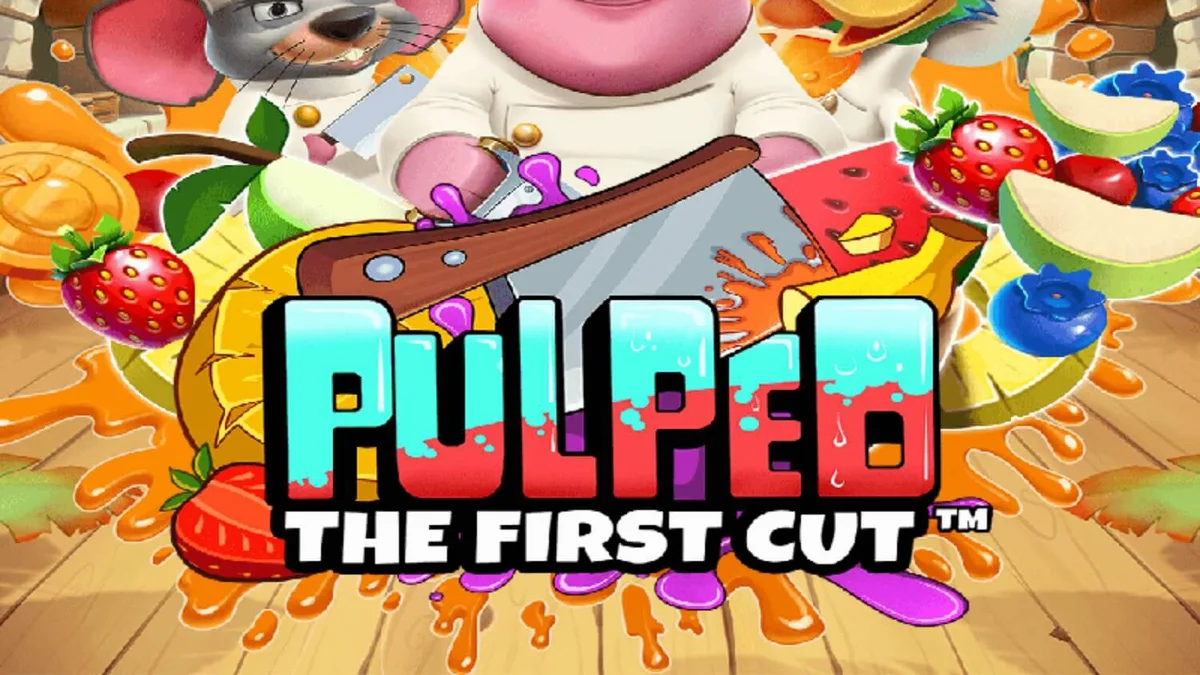 Tampilan layar permainan slot Pulped: The First Cut dengan koki hewan dan buah-buahan tropis.