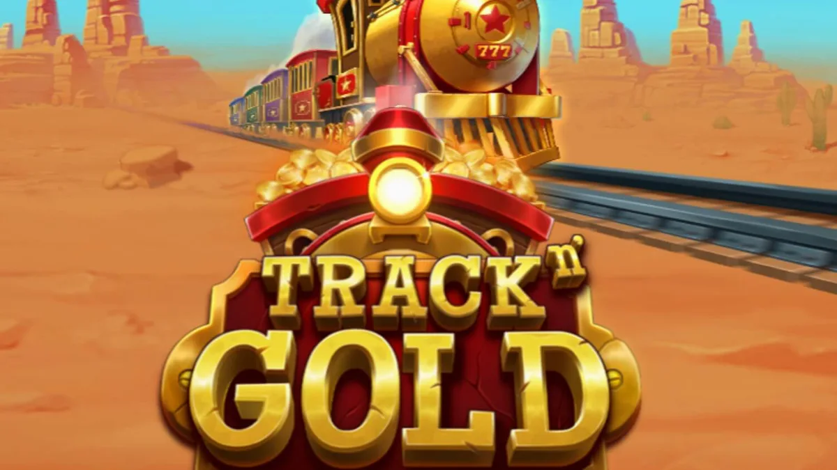 Tampilan visual slot Track’n Gold dengan tema kereta uap dan latar belakang gurun