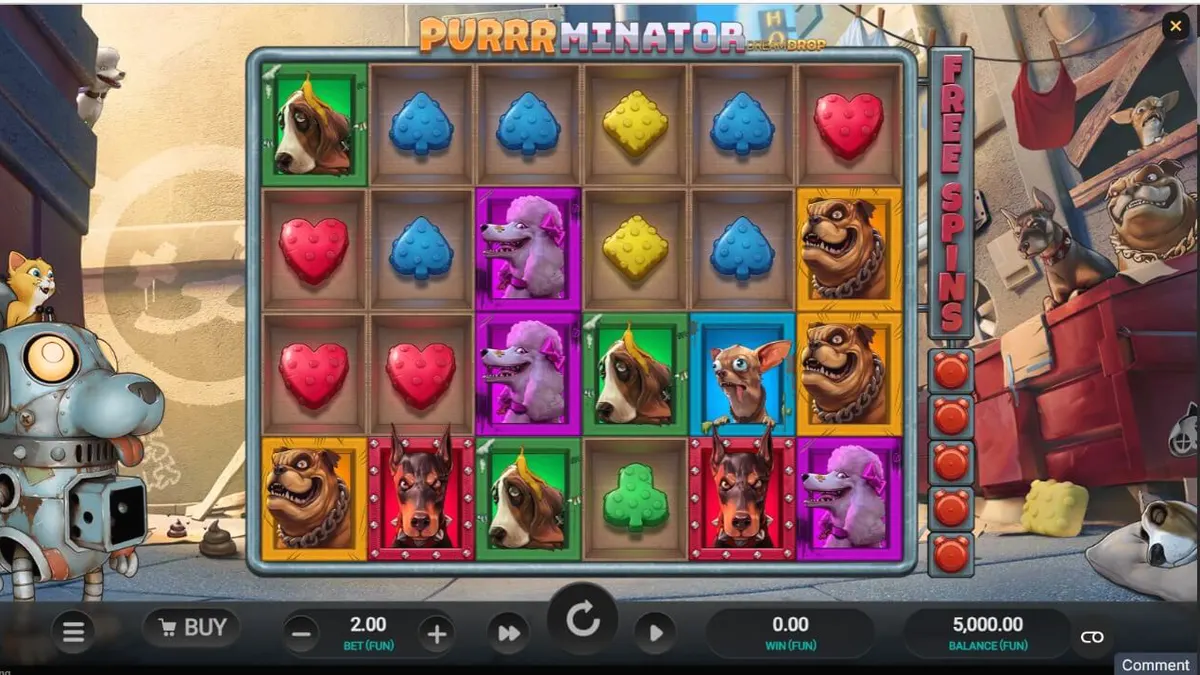 Tampilan layar permainan slot Purrrminator Dream Drop dengan tema dystopian dan karakter kucing robot.