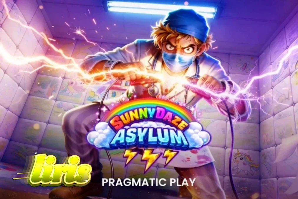 Tampilan visual slot Sunnydaze Asylum dengan tema neon dan institusi